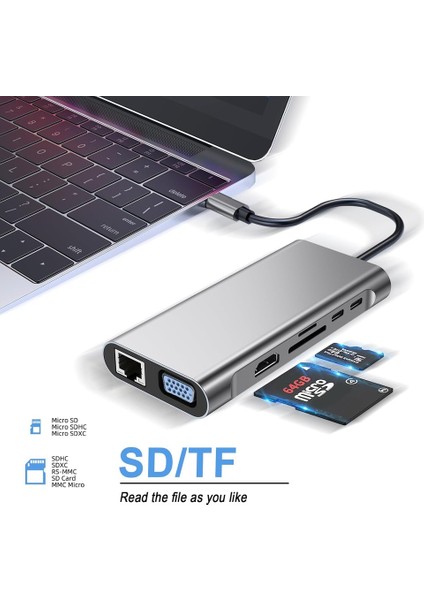 WW-9 Macbook Uyumlu Type-C To USB 3.0 4K HDMI Ethernet RJ45 VGA Sd Tf Kart Pd Aux 9 Port Çevirici Hub Adaptör indirimleri