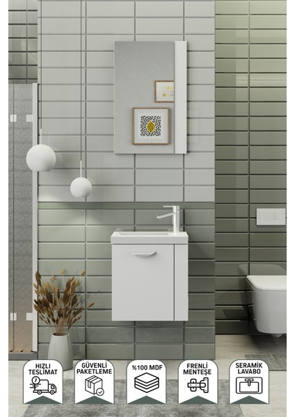 Minila 45 cm Banyo Dolabı,Seramik Lavabolu, Aynalı,Lavabo Dahil,Mdf,Mat Beyaz