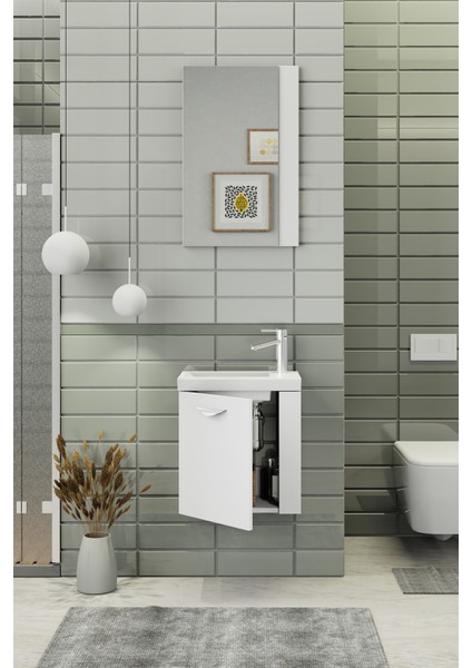 Minila 45 cm Banyo Dolabı,Seramik Lavabolu, Aynalı,Lavabo Dahil,Mdf,Mat Beyaz fiyatları