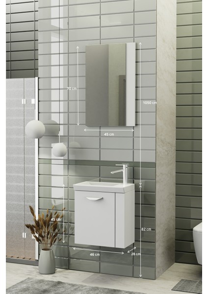 Minila 45 cm Banyo Dolabı,Seramik Lavabolu, Aynalı,Lavabo Dahil,Mdf,Mat Beyaz modelleri