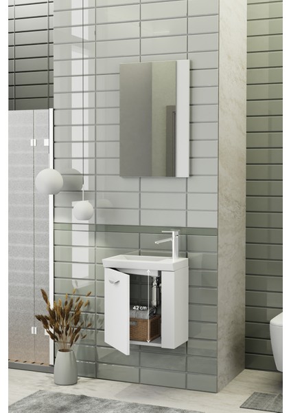 Minila 45 cm Banyo Dolabı,Seramik Lavabolu, Aynalı,Lavabo Dahil,Mdf,Mat Beyaz fırsatları