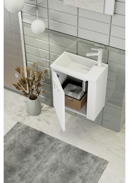 Minila 45 cm Banyo Dolabı,Seramik Lavabolu, Aynalı,Lavabo Dahil,Mdf,Mat Beyaz indirimleri