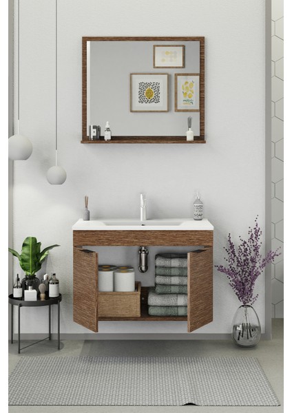 Fix Arya 85 Cm Banyo Dolabı,Seramik Lavabolu, Aynalı,Lavabo Dahil,Mdf,Aybe Kahve fiyatları