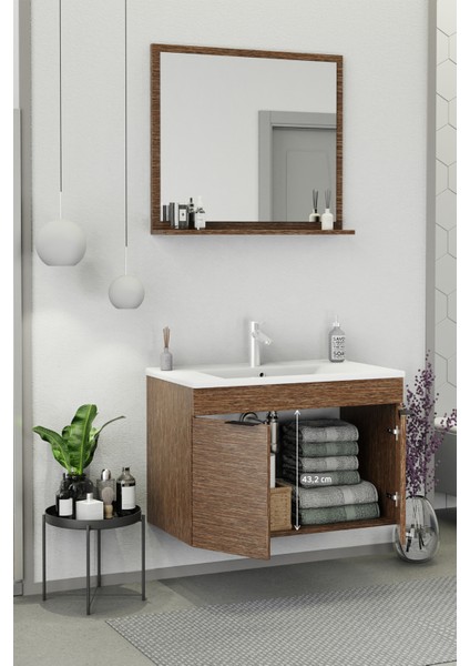 Fix Arya 85 Cm Banyo Dolabı,Seramik Lavabolu, Aynalı,Lavabo Dahil,Mdf,Aybe Kahve fırsatları