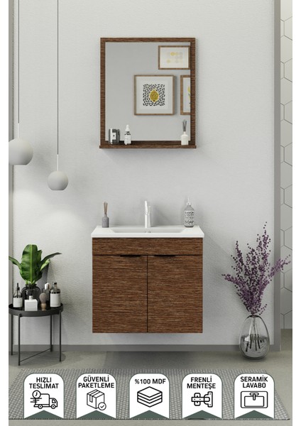 Fix Arya 65 Cm Banyo Dolabı,Seramik Lavabolu, Aynalı,Lavabo Dahil,Mdf,Aybe Kahve