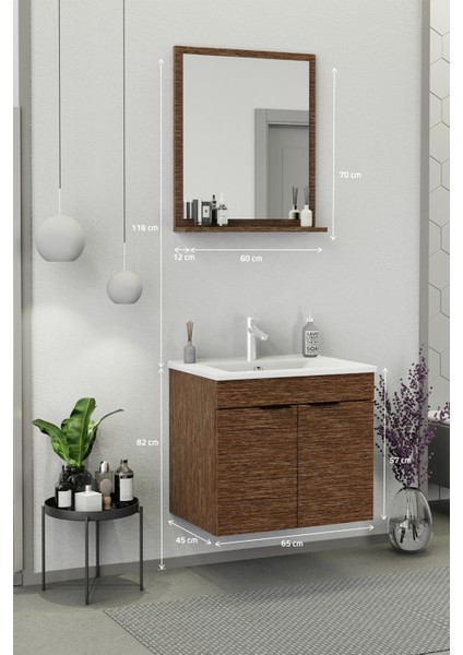 Fix Arya 65 Cm Banyo Dolabı,Seramik Lavabolu, Aynalı,Lavabo Dahil,Mdf,Aybe Kahve modelleri