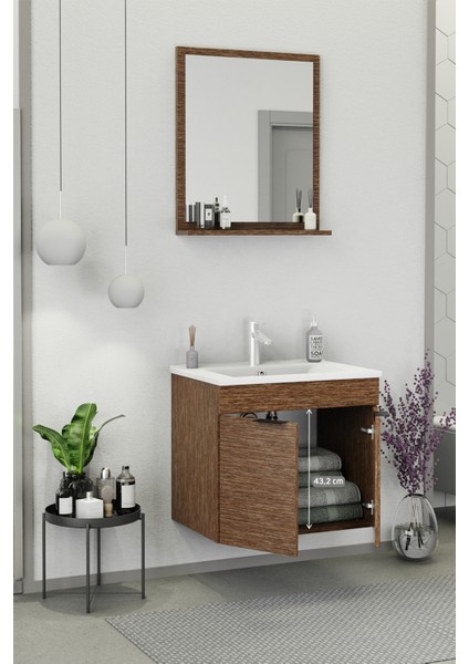 Fix Arya 65 Cm Banyo Dolabı,Seramik Lavabolu, Aynalı,Lavabo Dahil,Mdf,Aybe Kahve fırsatları