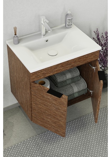 Fix Arya 65 Cm Banyo Dolabı,Seramik Lavabolu, Aynalı,Lavabo Dahil,Mdf,Aybe Kahve indirimleri