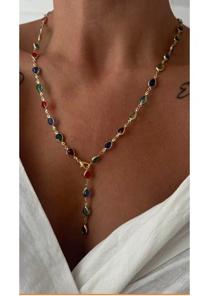 Çelik Altın Damla Taşlı Y Kolye