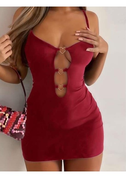 Bordo Göğüs Dekolteli Kalp Detaylı Mini Club Elbisesi
