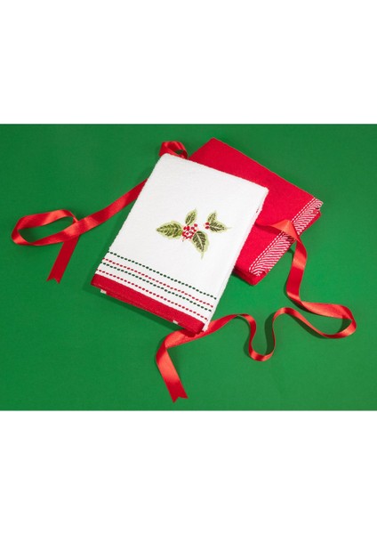 Elodie Nakışlı 2'Li Yüz Havlu Seti - Beyaz/Kırmızı