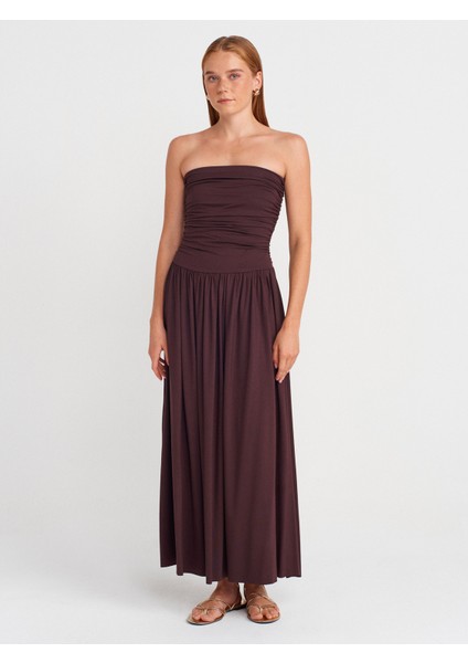 91496 Straplez Büzgülü Elbise-Kahve