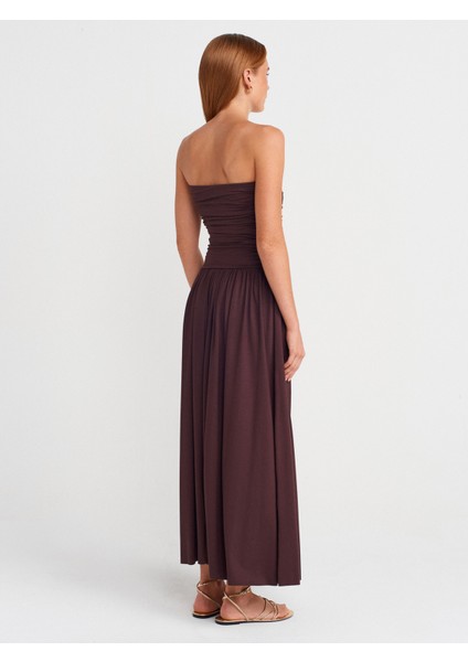 91496 Straplez Büzgülü Elbise-Kahve fiyatları