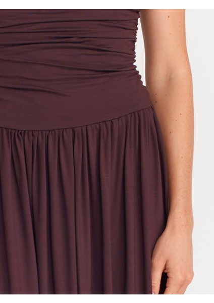 91496 Straplez Büzgülü Elbise-Kahve fırsatları