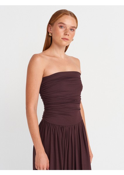 91496 Straplez Büzgülü Elbise-Kahve indirimleri