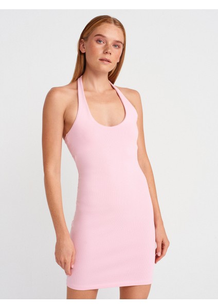 91508 Halter Yaka Mini Elbise-Toz Pembe