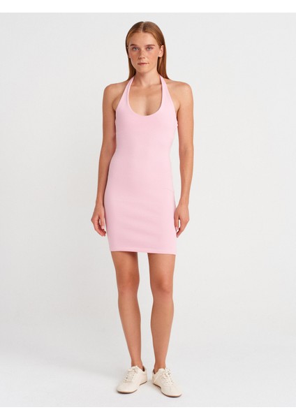 91508 Halter Yaka Mini Elbise-Toz Pembe fırsatları