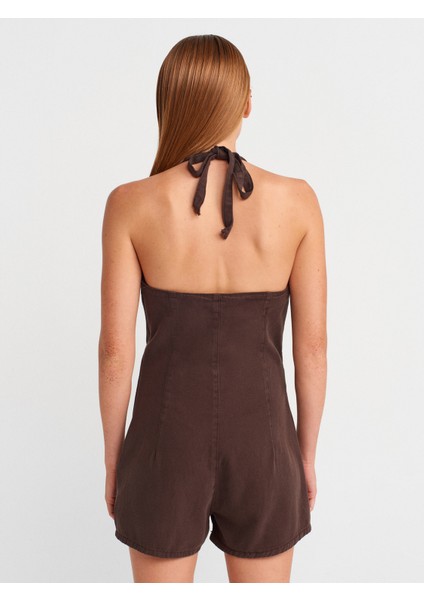 72029 Boyundan Bağlamalı Kısa Denim Tulum-Kahve fiyatları