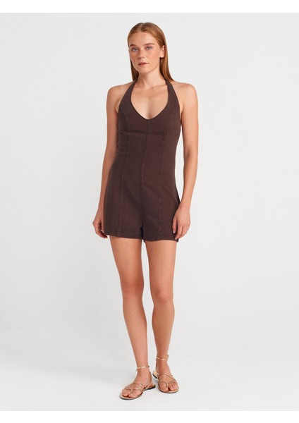 72029 Boyundan Bağlamalı Kısa Denim Tulum-Kahve fırsatları