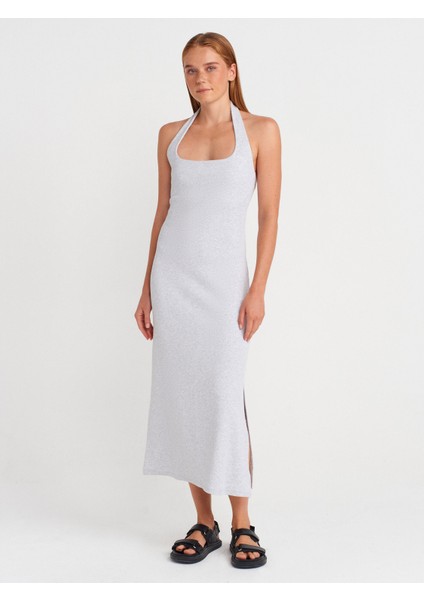 91510 Halter Yaka Midi Elbise-Gri Melanj