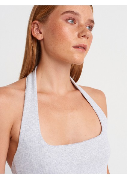 91510 Halter Yaka Midi Elbise-Gri Melanj modelleri