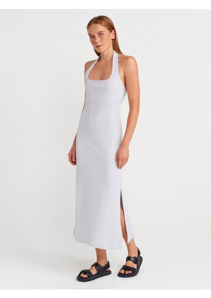 91510 Halter Yaka Midi Elbise-Gri Melanj fırsatları