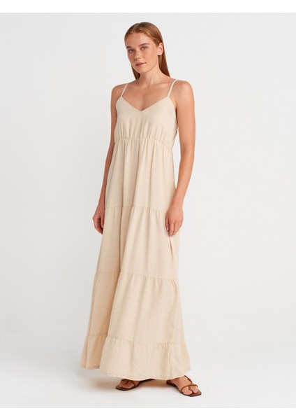 90573 Büzgülü Uzun Denim Elbise-Taş