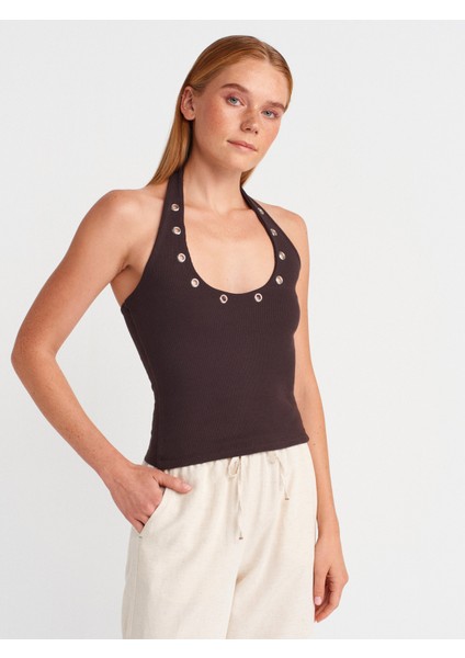 21162 Halter Yaka Top-Koyu Kahve