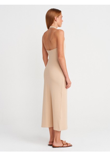 91510 Halter Yaka Midi Elbise-Açık Bej fiyatları