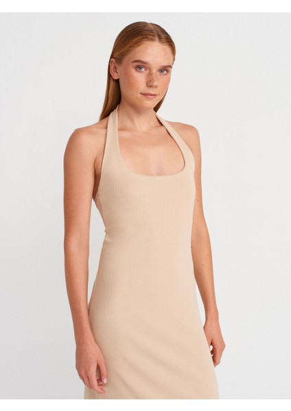 91510 Halter Yaka Midi Elbise-Açık Bej fırsatları
