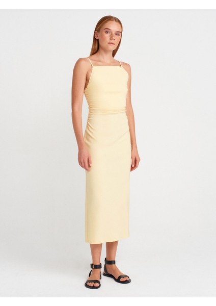 91479 Büzgülü Midi Elbise-Açık Sarı