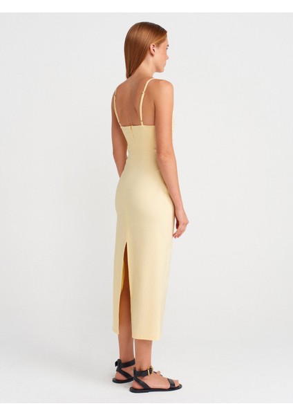 91479 Büzgülü Midi Elbise-Açık Sarı fiyatları