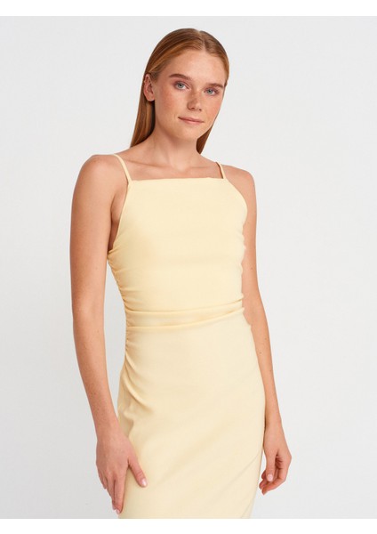 91479 Büzgülü Midi Elbise-Açık Sarı modelleri