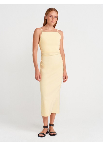 91479 Büzgülü Midi Elbise-Açık Sarı fırsatları