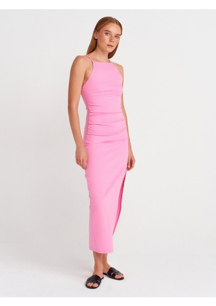 91502 Halter Yaka Midi Elbise-Pembe