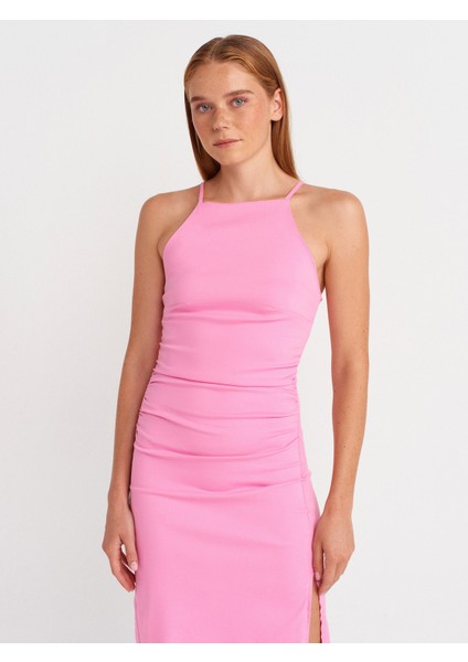 91502 Halter Yaka Midi Elbise-Pembe fırsatları