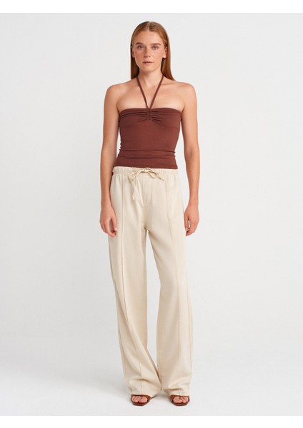 72030 Nervür Dikişli Lastikli Denim Pantolon-Taş