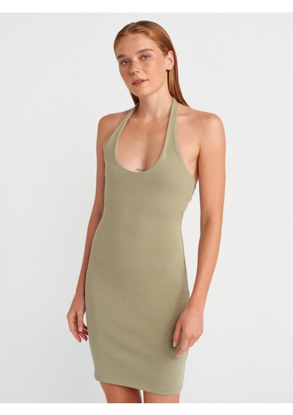 91508 Halter Yaka Mini Elbise-Çağla