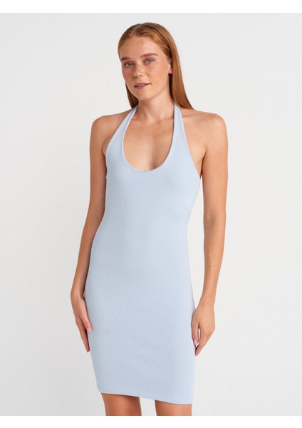 91508 Halter Yaka Mini Elbise-Açık Mavi