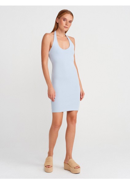91508 Halter Yaka Mini Elbise-Açık Mavi fırsatları