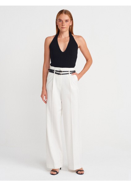 72153 Kemerli Yüksek Bel Pantolon-Beyaz