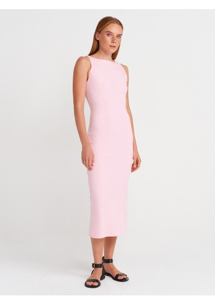 91099 Vücuda Oturan Midi Elbise-Toz Pembe