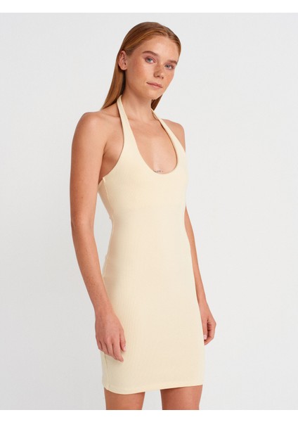 91508 Halter Yaka Mini Elbise-Açık Sarı