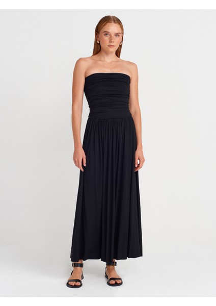 91496 Straplez Büzgülü Elbise-Siyah