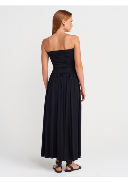 91496 Straplez Büzgülü Elbise-Siyah fiyatları