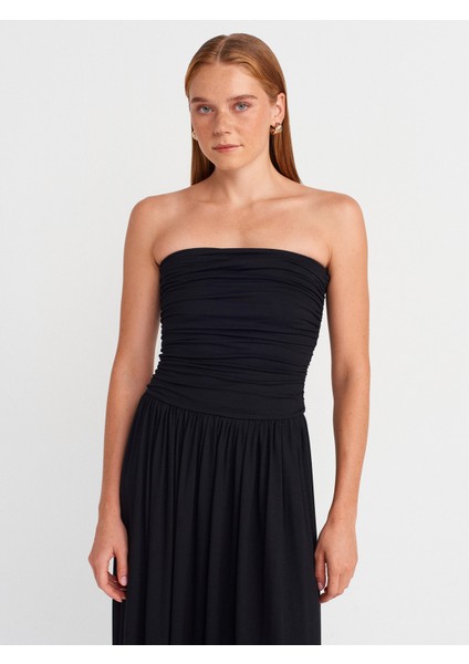 91496 Straplez Büzgülü Elbise-Siyah fırsatları