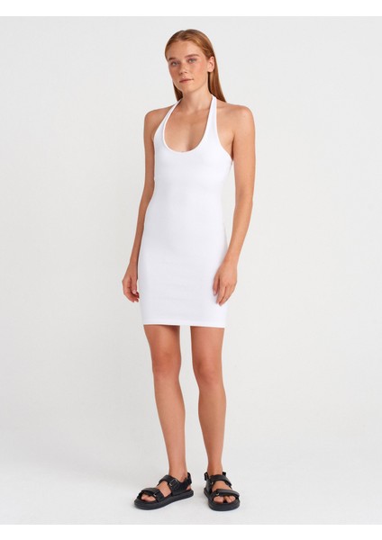 91508 Halter Yaka Mini Elbise-Beyaz fırsatları
