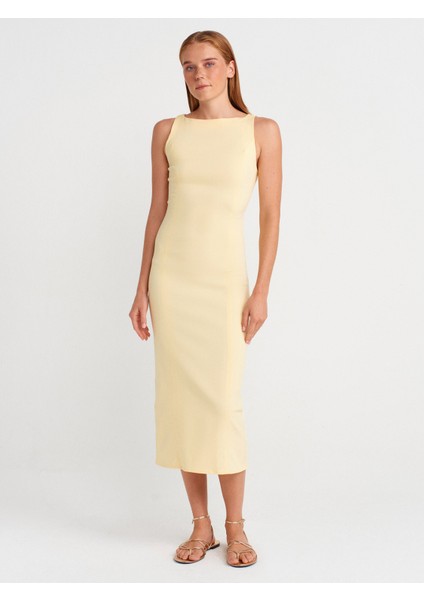 91099 Vücuda Oturan Midi Elbise-Açık Sarı