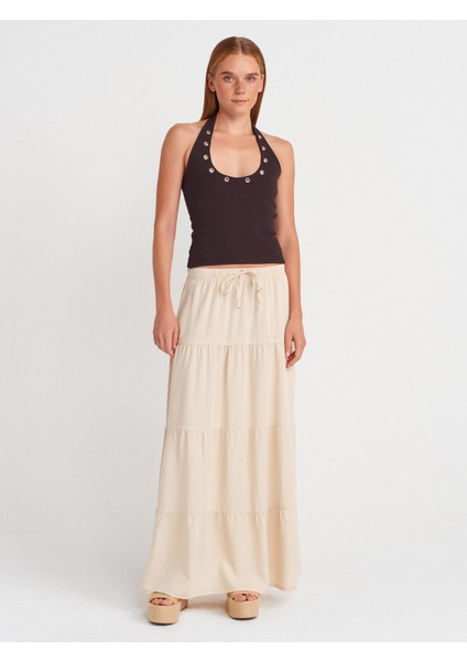 80588 Beli Lastikli Büzgülü Denim Etek-Taş