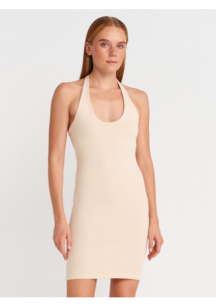 91508 Halter Yaka Mini Elbise-Taş